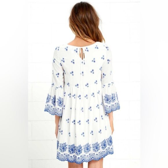 LULUS With a Whisper Blue and Ivory Embroidered Dress 3/4 Sleeve Boho Chic XS - Picture 16 of 16